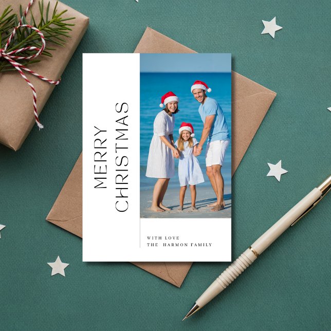 Modern Family Beach Merry Christmas Photo Blue Holiday Card (Creator Uploaded)