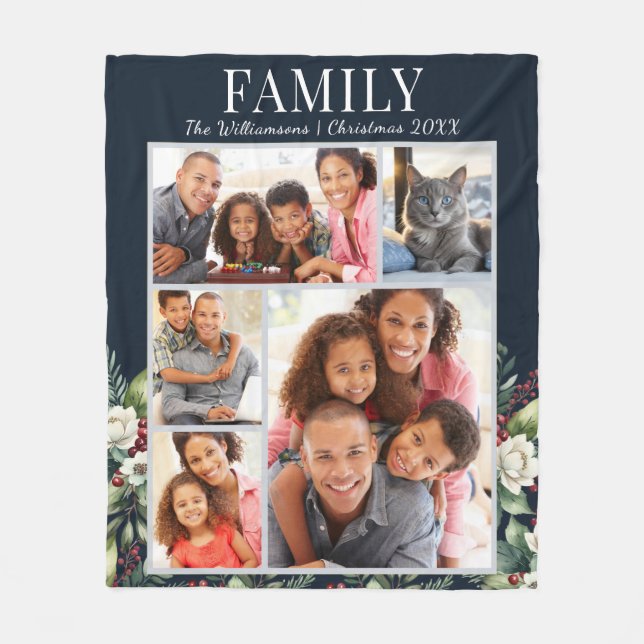 Modern Family Christmas Photo Collage Navy Blue Fleece Blanket (Front)