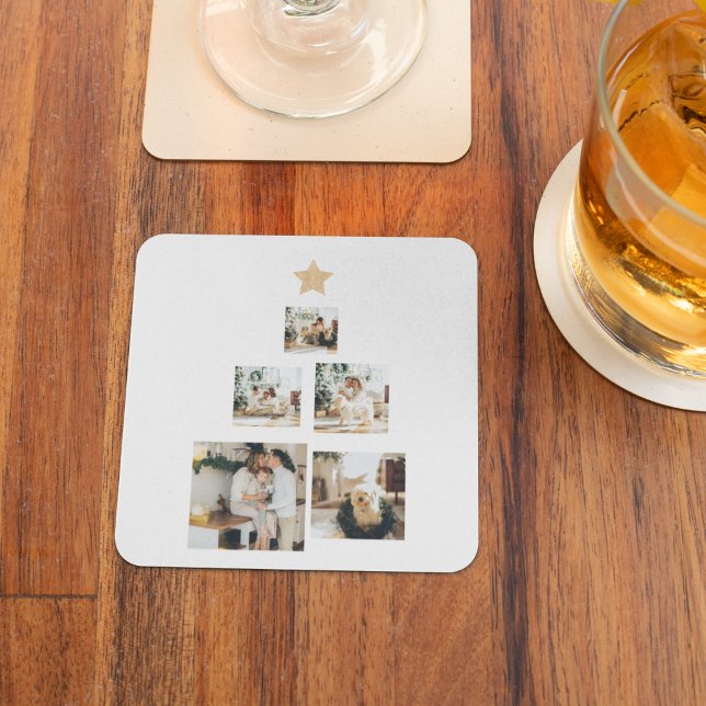 Modern Family Christmas Tree Photo With Star Glass Coaster (Creator Uploaded)