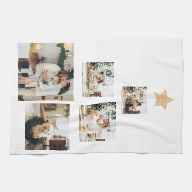 Modern Family Christmas Tree Photo With Star Tea Towel (Horizontal)