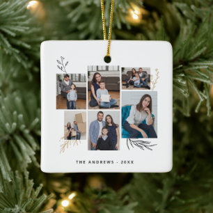 Modern Family Collage Photo Christmas Typography Ceramic Ornament