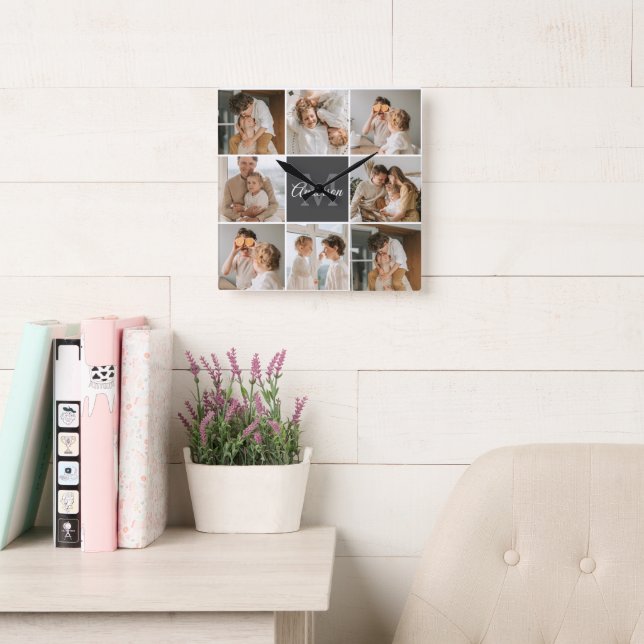Modern Family Collage Photo & Personalised Gift Square Wall Clock (Reading Room)