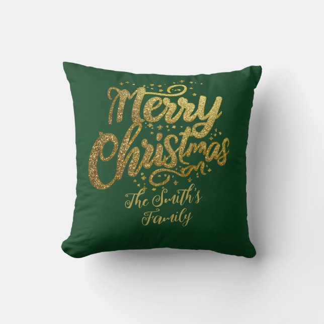 Modern Family Gold Glitter Script Christmas  Cushion (Front)