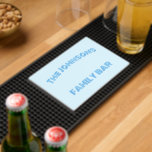 Modern Family Home Whiskey Tiki Grill Coffee Blue Bar Mat<br><div class="desc">Create your own custom, personalised, modern elegant design dark blue calligraphy typography script font monogrammed on light baby blue background, chic stylish cool funky classy fun, durable moulded PVC, Bar and Grill Mat, featuring a slotted surface to effectively capture spilled drinks. Simply type in your family name / bar name...</div>