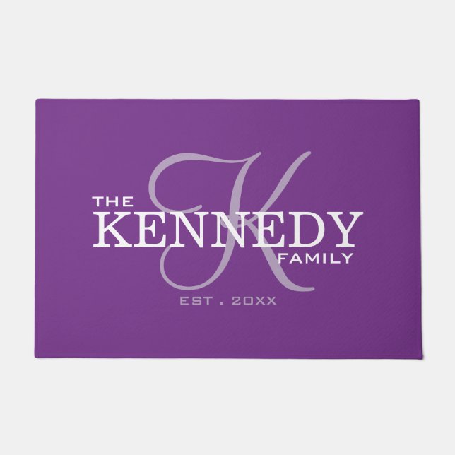 Modern Family Last Name Monogram Initial Purple Doormat (Front)