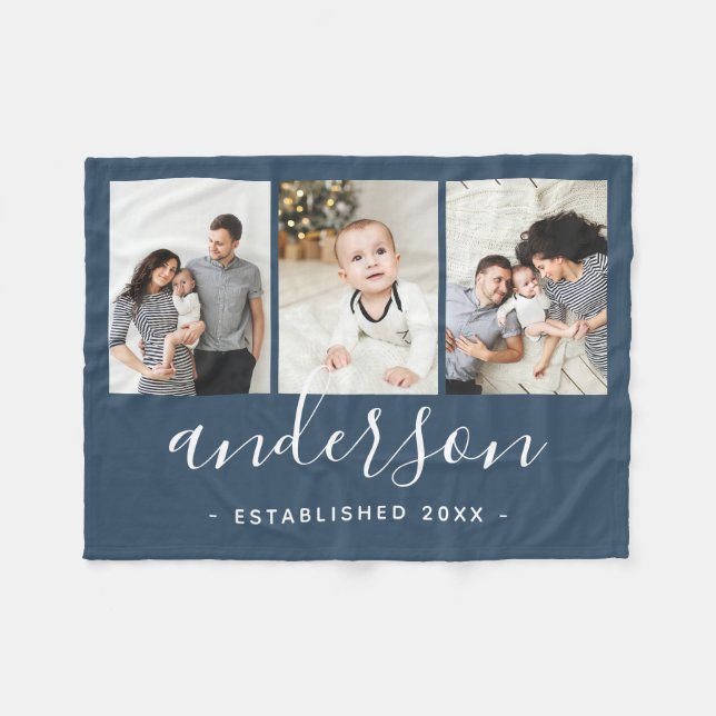 Modern Family Monogram 3 Photo Collage Fleece Blanket (Front (Horizontal))