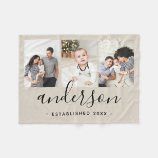 Modern Family Monogram 3 Photo Collage Fleece Blanket