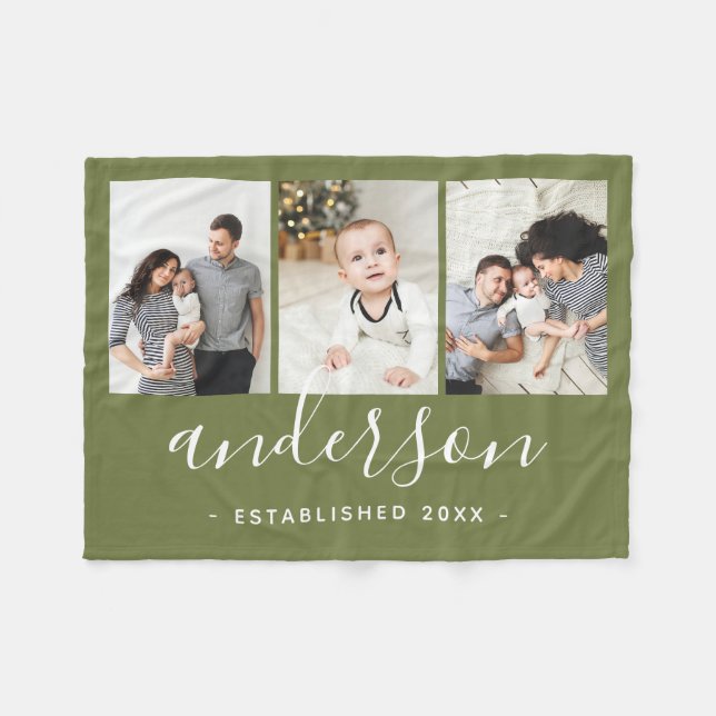 Modern Family Monogram 3 Photo Collage Fleece Blanket (Front (Horizontal))