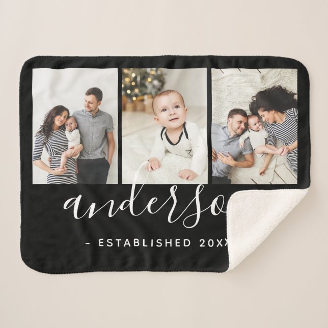 Modern Family Monogram 3 Photo Collage Sherpa Blanket (Front (Horizontal))