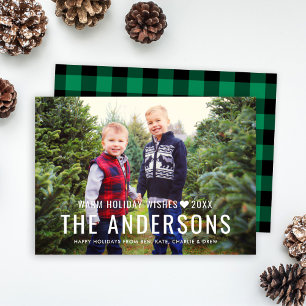 Modern Family Monogram Green Buffalo Plaid Photo Holiday Card