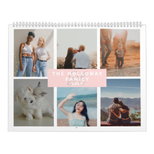 Modern family monogram name pink 18 photos collage calendar