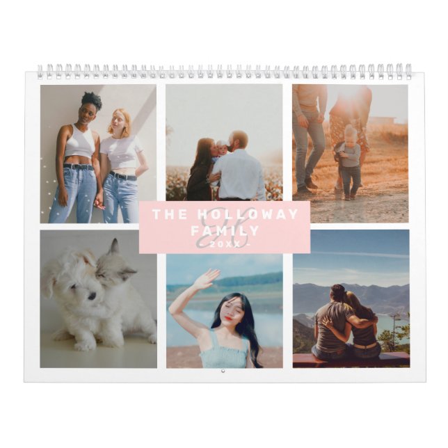 Modern family monogram name pink 18 photos collage calendar (Cover)