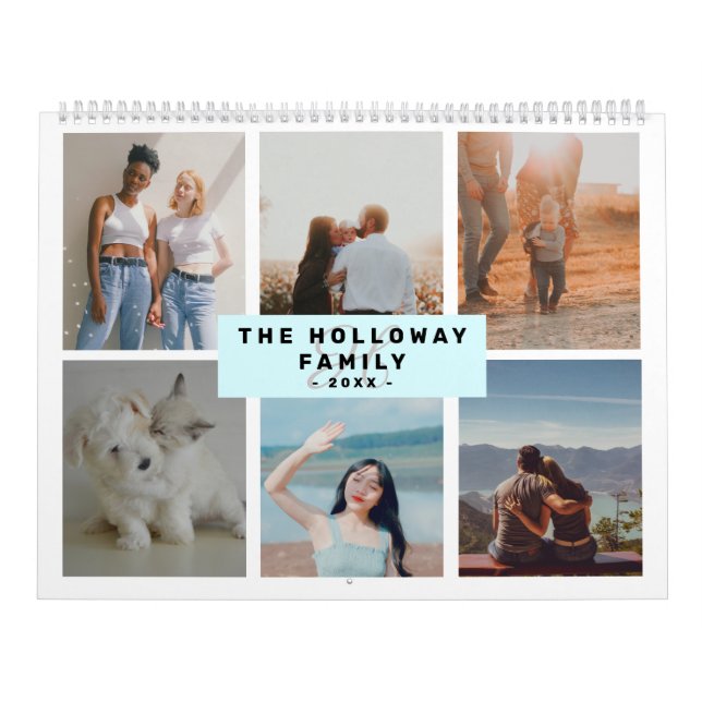 Modern family monogram name teal 18 photos collage calendar (Cover)