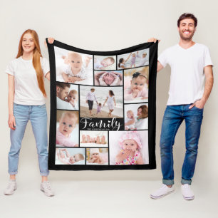 Modern Family Name 13 Photo Collage Your Colour Fleece Blanket