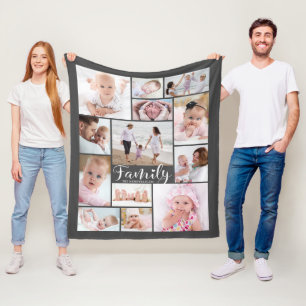 Modern Family Name 13 Photo Collage Your Colour  Fleece Blanket