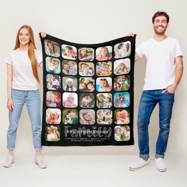Modern FAMILY Name 27 Photo Collage Personalised Fleece Blanket (In Situ)