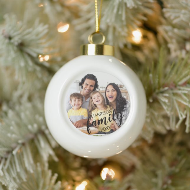 Modern FAMILY Name 2 Photos Script Custom Colour Ceramic Ball Christmas Ornament (Tree)