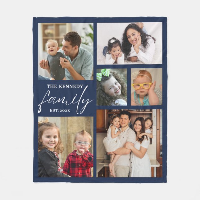 Modern Family Name 6 Photo Collage Blue Fleece Blanket (Front)