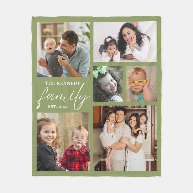 Modern Family Name 6 Photo Collage Green Fleece Blanket (Front)