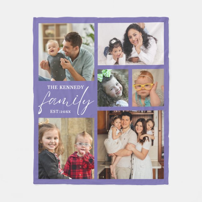 Modern Family Name 6 Photo Collage Purple Fleece Blanket (Front)