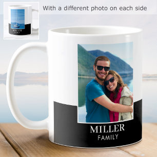 Modern Family Name Custom 2 Photo Black White Coffee Mug