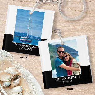 Modern Family Name Custom 2 Photo Black & White Key Ring