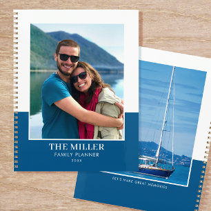 Modern Family Name Custom 2 Photo Blue White Planner