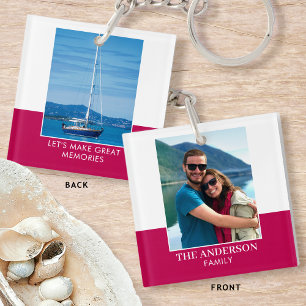 Modern Family Name Custom 2 Photo Deep Pink Key Ring