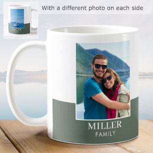 Modern Family Name Custom 2 Photo Green White Coffee Mug