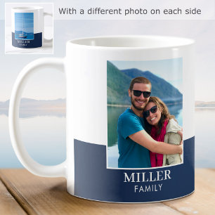 Modern Family Name Custom 2 Photo Navy Coffee Mug