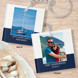 Modern Family Name Custom 2 Photo Navy Key Ring