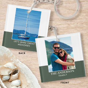 Modern Family Name Custom 2 Photo Olive Green Key Ring