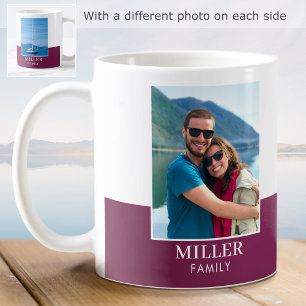 Modern Family Name Custom 2 Photo Pink Plum Coffee Mug
