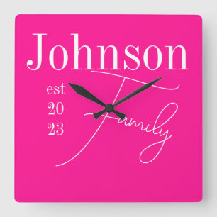 Modern Family Name Hot Pink Square Wall Clock