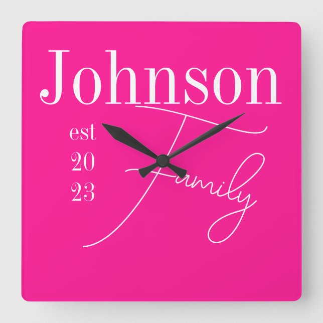 Modern Family Name Hot Pink Square Wall Clock (Front)