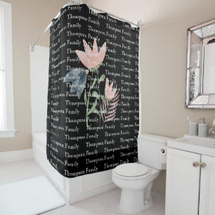 Modern family name l Floral l Black and white  Shower Curtain