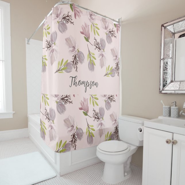 Modern family name Modern stylish script pink Shower Curtain (In Situ)