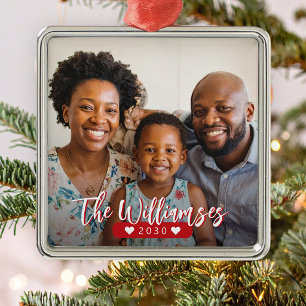 Modern family name personalised photo metal tree decoration