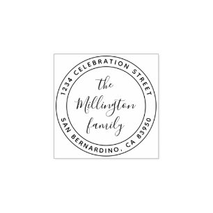 Modern Family Name Script Round Return Address Rubber Stamp
