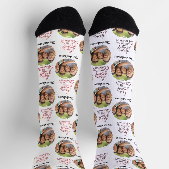 Modern Family Photo and Name Merry Christmas  Socks (Top)