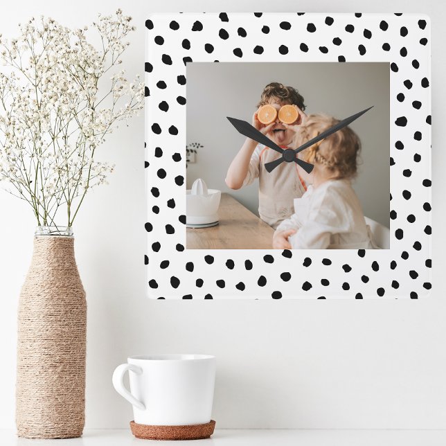 Modern  Family Photo & Black Dots Beauty Gift Square Wall Clock (Creator Uploaded)