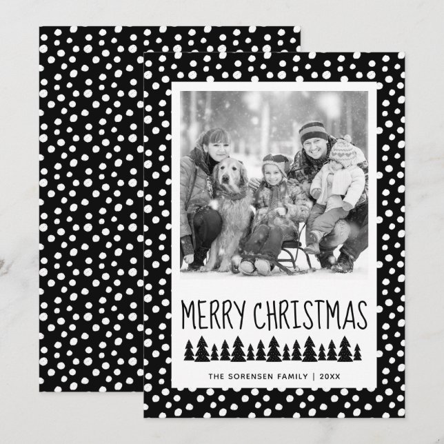Modern Family Photo Black White Dots Holiday Card (Front/Back)