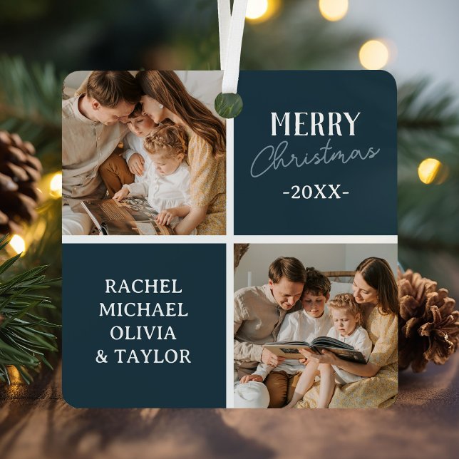Modern Family Photo Blue Merry Christmas Metal Tree Decoration (Creator Uploaded)