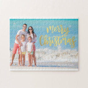 Modern Family Photo Blue Ocean Beach Holiday Card Jigsaw Puzzle