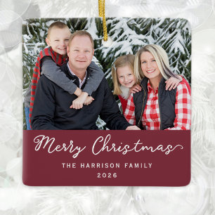 Modern Family Photo Burgundy Merry Christmas Ceramic Ornament