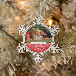Modern Family Photo Christmas Holiday Snowflake Pewter Christmas Ornament
