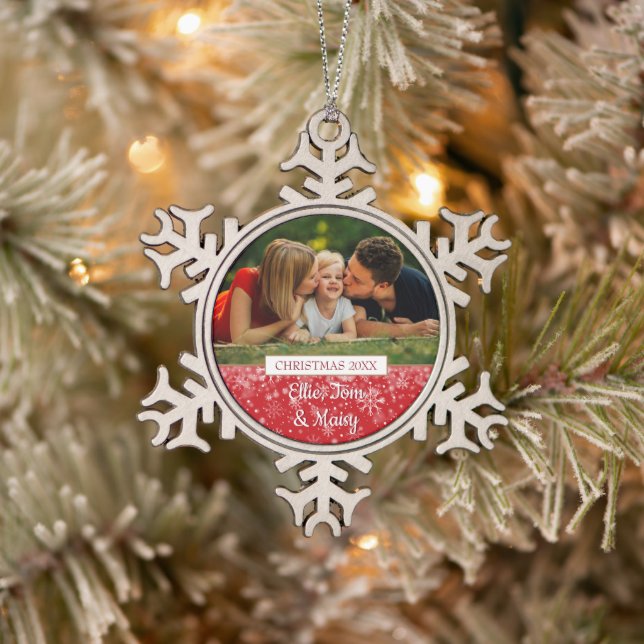 Modern Family Photo Christmas Holiday Snowflake Pewter Christmas Ornament (Tree)
