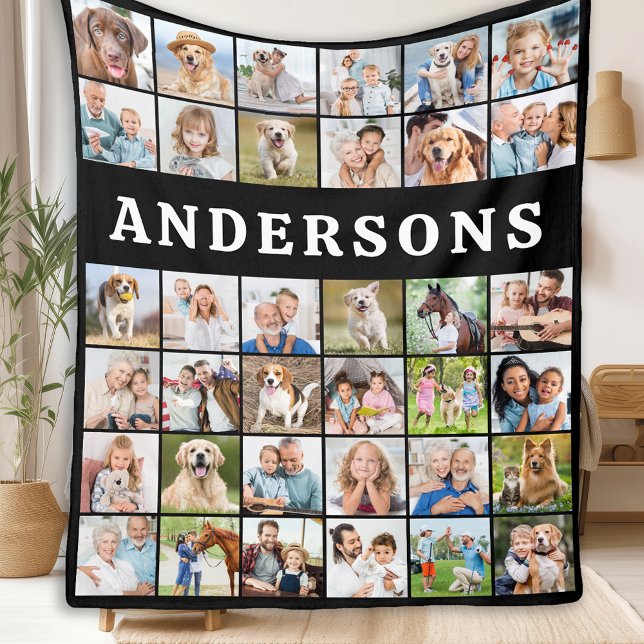 Modern Family Photo Collage 36 Personalised Black  Fleece Blanket (Creator Uploaded)