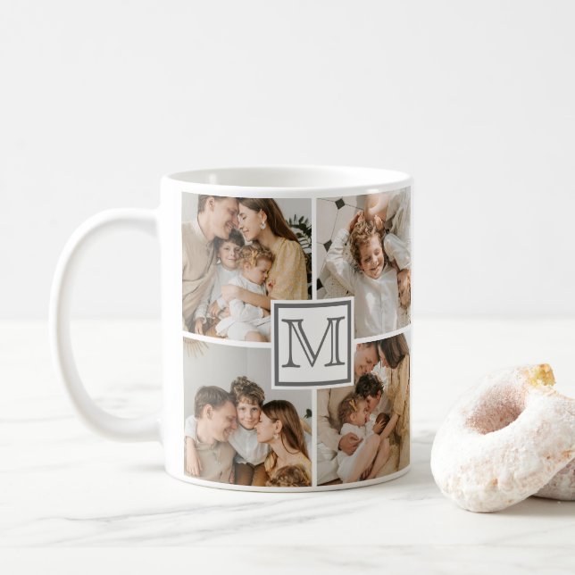 Modern Family Photo Collage | Custom Monogram Gift Coffee Mug (With Donut)