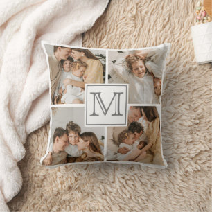 Modern Family Photo Collage   Custom Monogram Gift Cushion